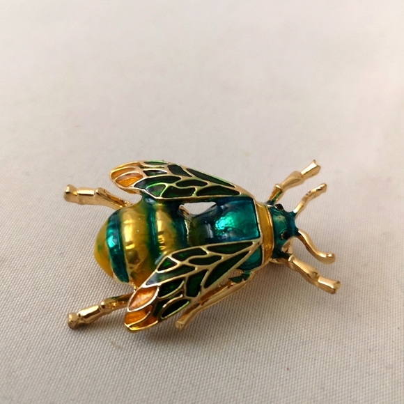 Bumble Bee Enamel Gold-tone Brooch with Yellow and Emerald Green, Like-new - Picture 2 of 3
